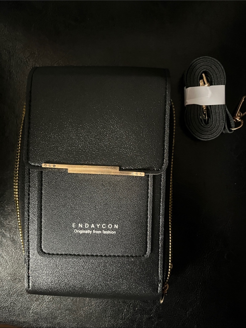 Black Faux Leather Crossbody Phone Bag with Gold Accent
